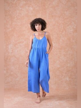 Rhea Eva Cotton Sleeveless Blue Wide-Leg Jumpsuit